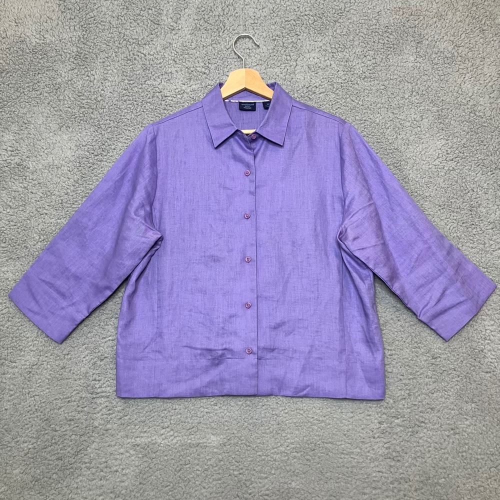 Westbound Button Up Shirt Women 12P‎ Lavender 100% Linen 3/4 Sleeve Cottage Boxy